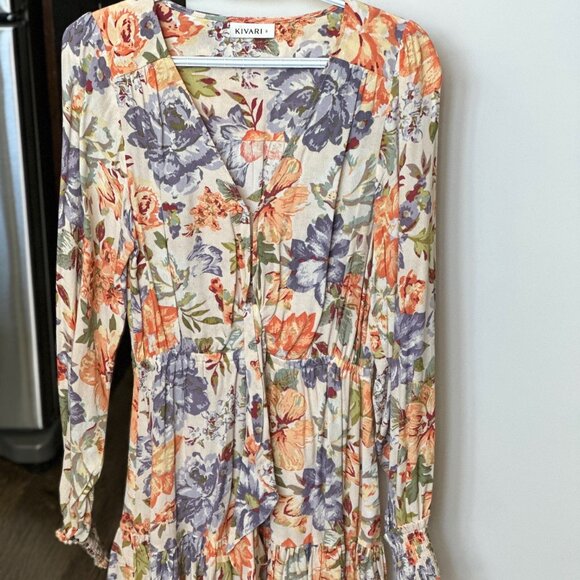 Kivari Aster Floral Orange Long Sleeve Dress, Size: S, Like New - Picture 3 of 6